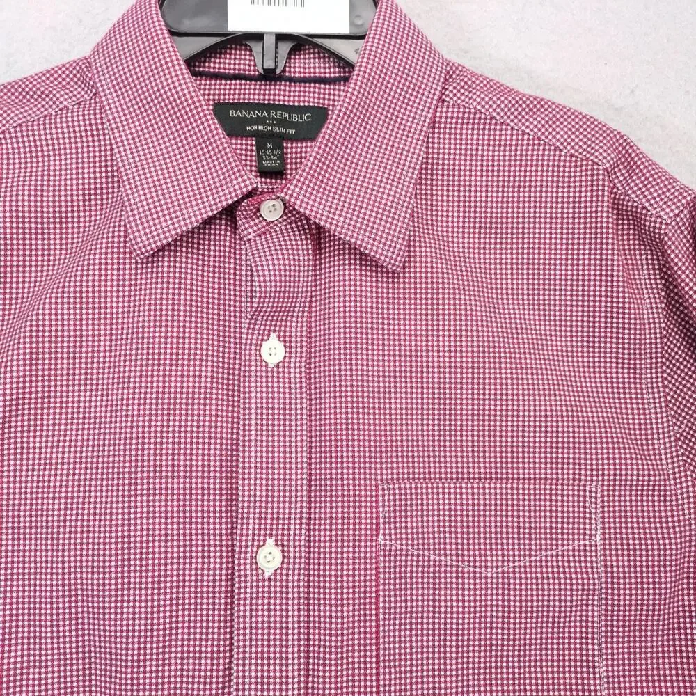 Banana Republic Red Check Men's Dress Shirt M 33-34 15.5‎ Neck Non-Iron Slim Fit